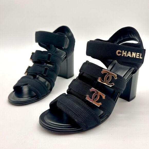 Chanel 24C Gold CHANEL & CC Logo Black Fabric Block Heel Strappy Sandals EU 37 - Picture 4 of 16